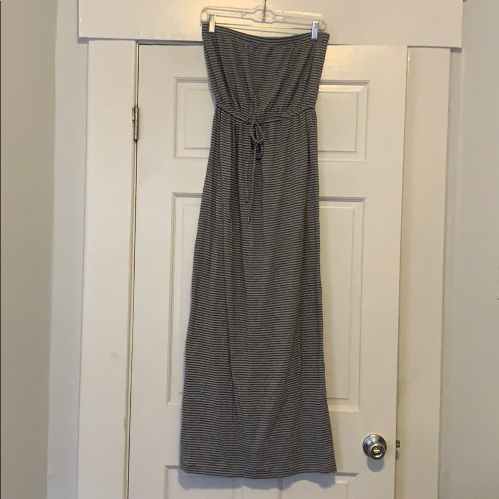 CAbi Gray and navy blue striped tube top dress